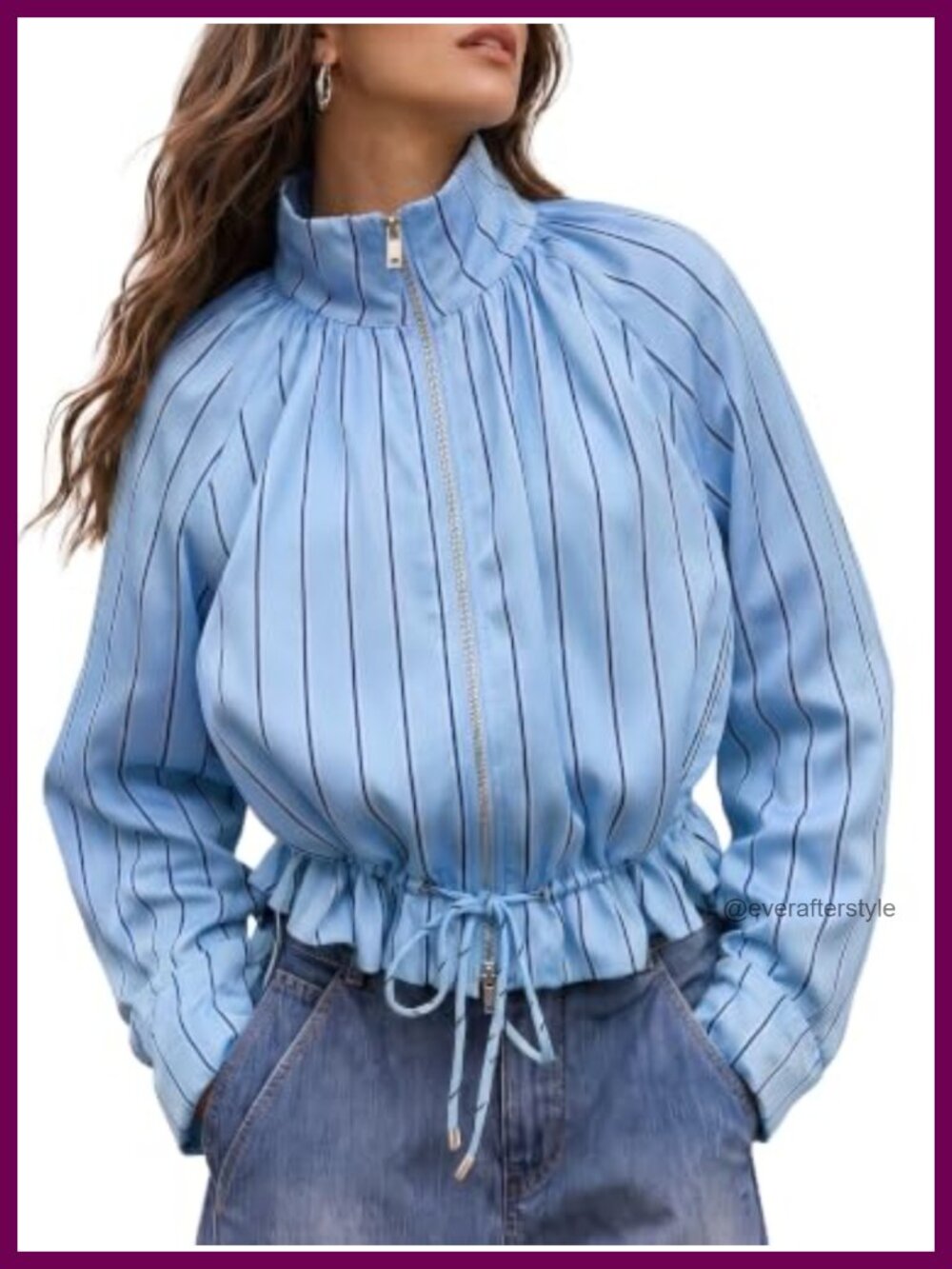 Fisoew Striped Zip Up Cropped Jacket Stand Collar Casual Fall Coat